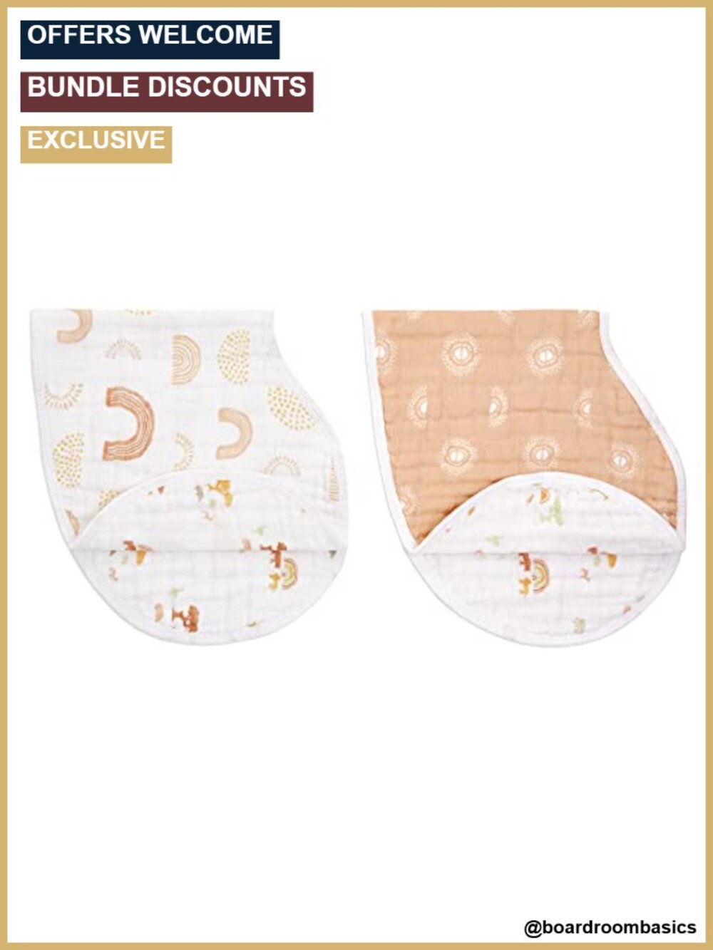 Cotton Muslin Burpy Bib 2 Pack 22.5x11 Soft Absorbent 4 Layer Burp Cloth